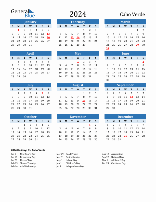 Printable Calendar 2024 with Cabo Verde Holidays (Sunday Start)