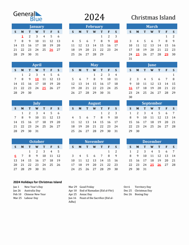 Printable Calendar 2024 with Christmas Island Holidays (Sunday Start)