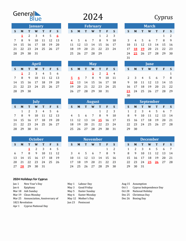 Printable Calendar 2024 with Cyprus Holidays (Sunday Start)
