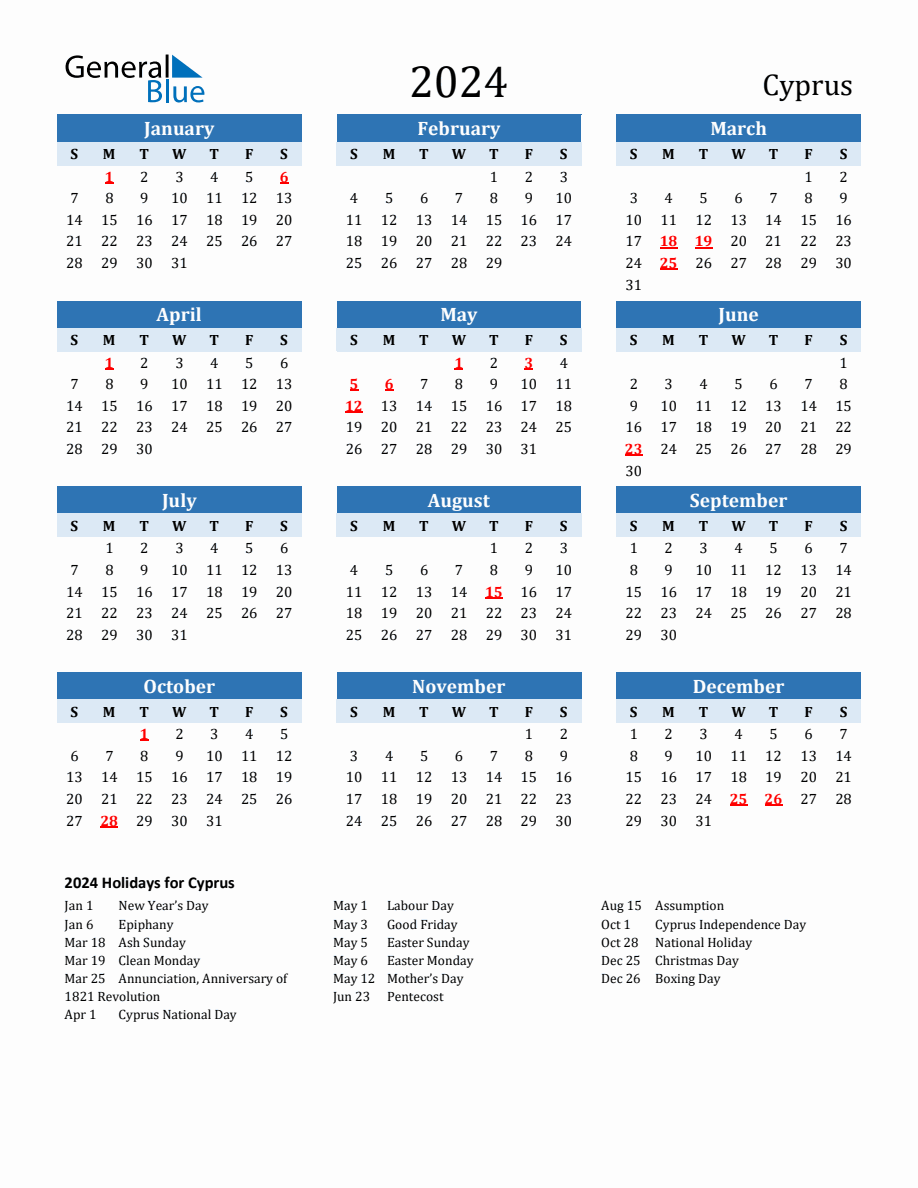 2024 Printable Calendar with Cyprus Holidays