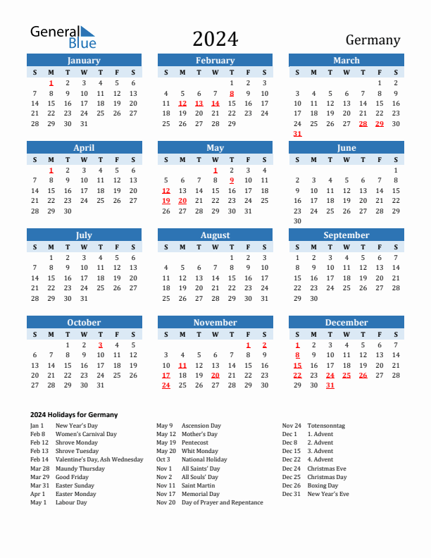 Printable Calendar 2024 with Germany Holidays (Sunday Start)