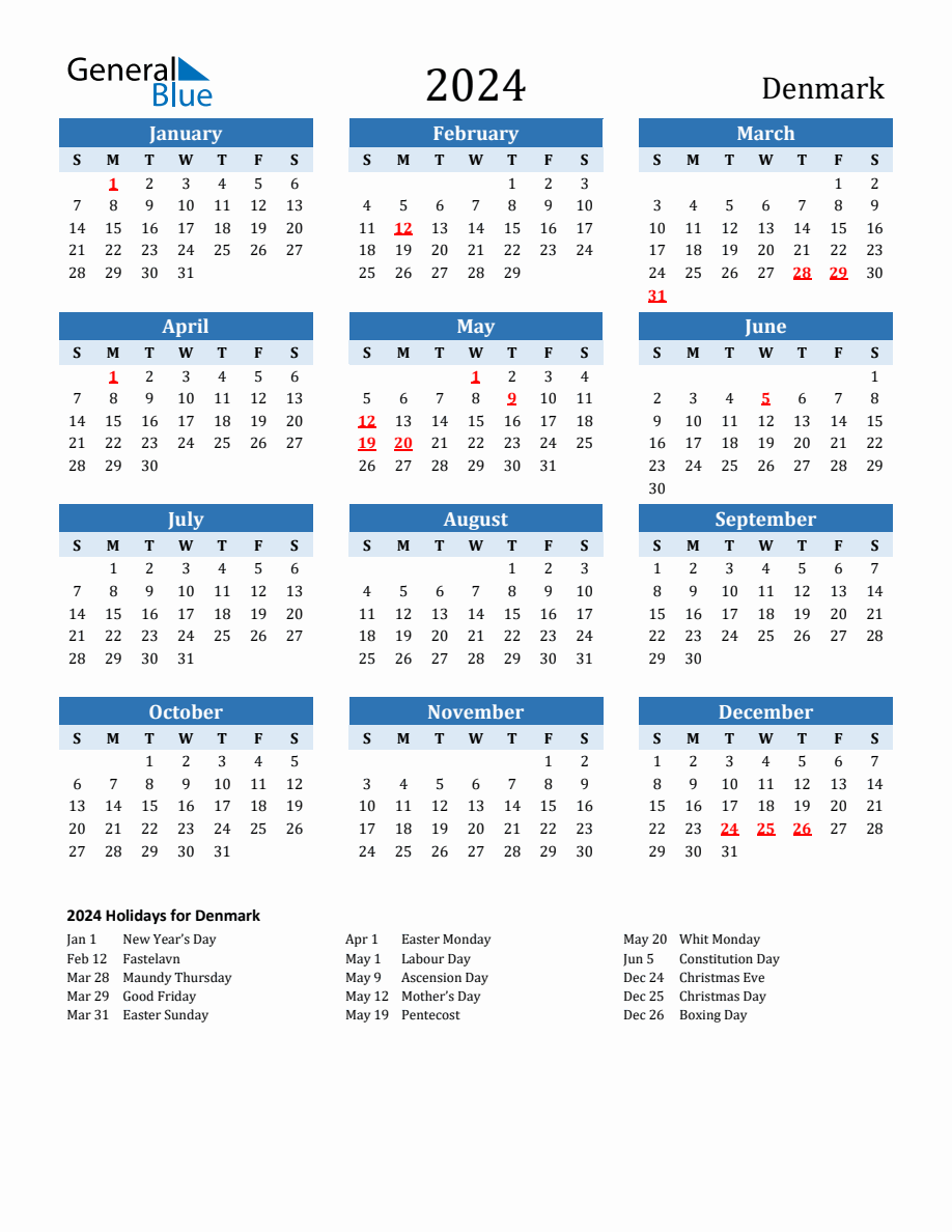 2024 Printable Calendar with Denmark Holidays