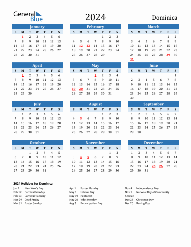 Printable Calendar 2024 with Dominica Holidays (Sunday Start)