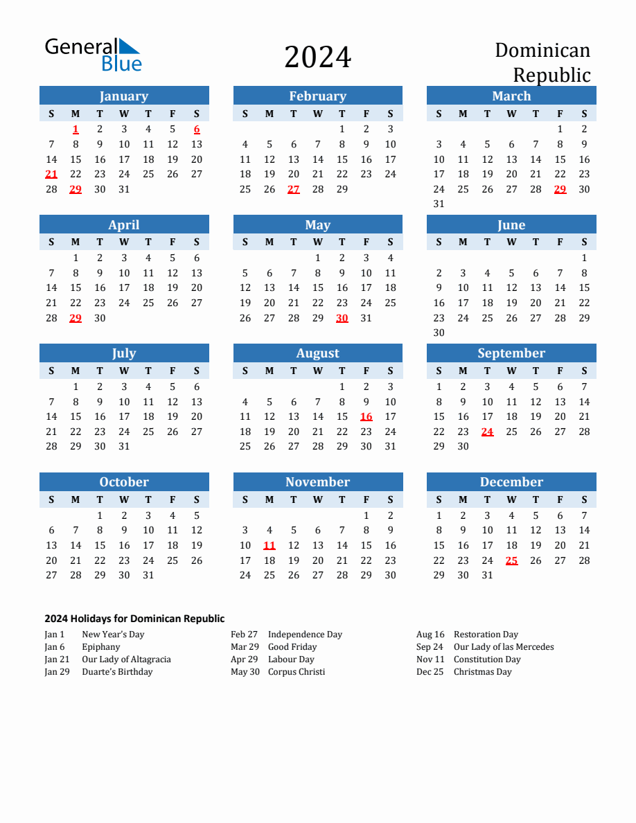 2024 Printable Calendar with Dominican Republic Holidays