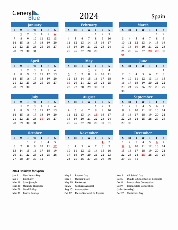 Printable Calendar 2024 with Spain Holidays (Sunday Start)