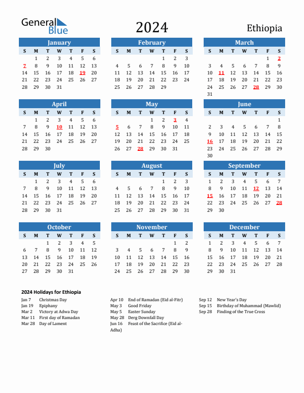 Printable Calendar 2024 with Ethiopia Holidays (Sunday Start)