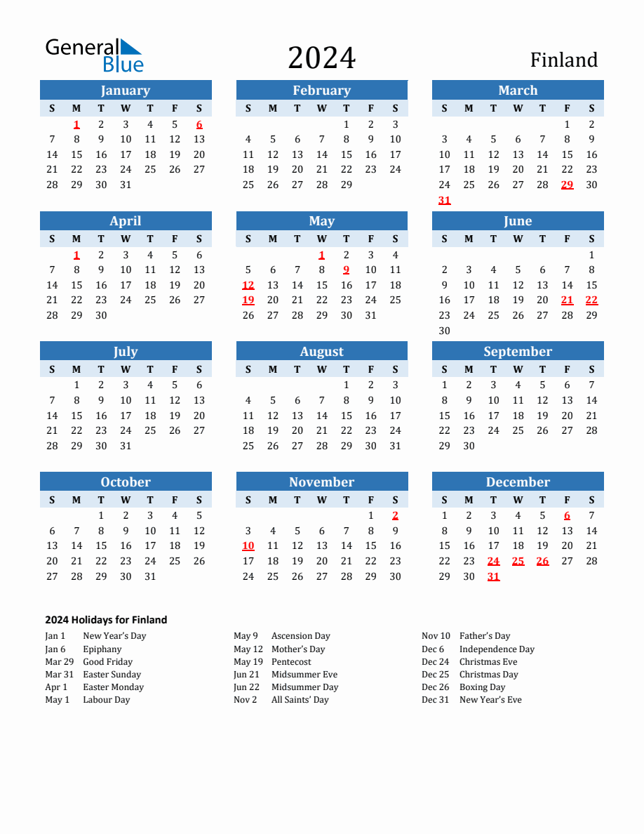 2024 Printable Calendar with Finland Holidays