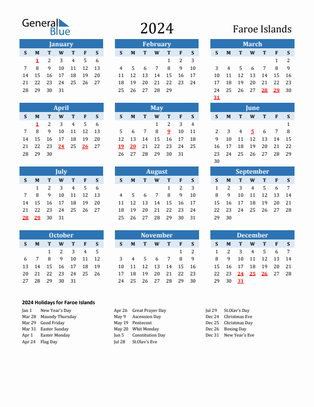Printable Calendar 2024 with Faroe Islands Holidays (Sunday Start)