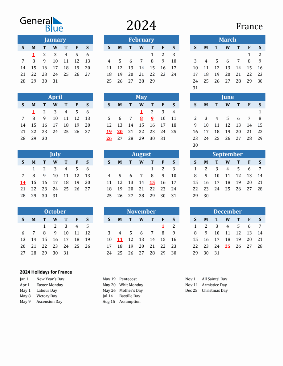 2024 Printable Calendar with France Holidays