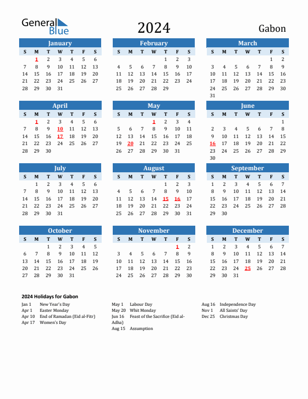 Printable Calendar 2024 with Gabon Holidays (Sunday Start)