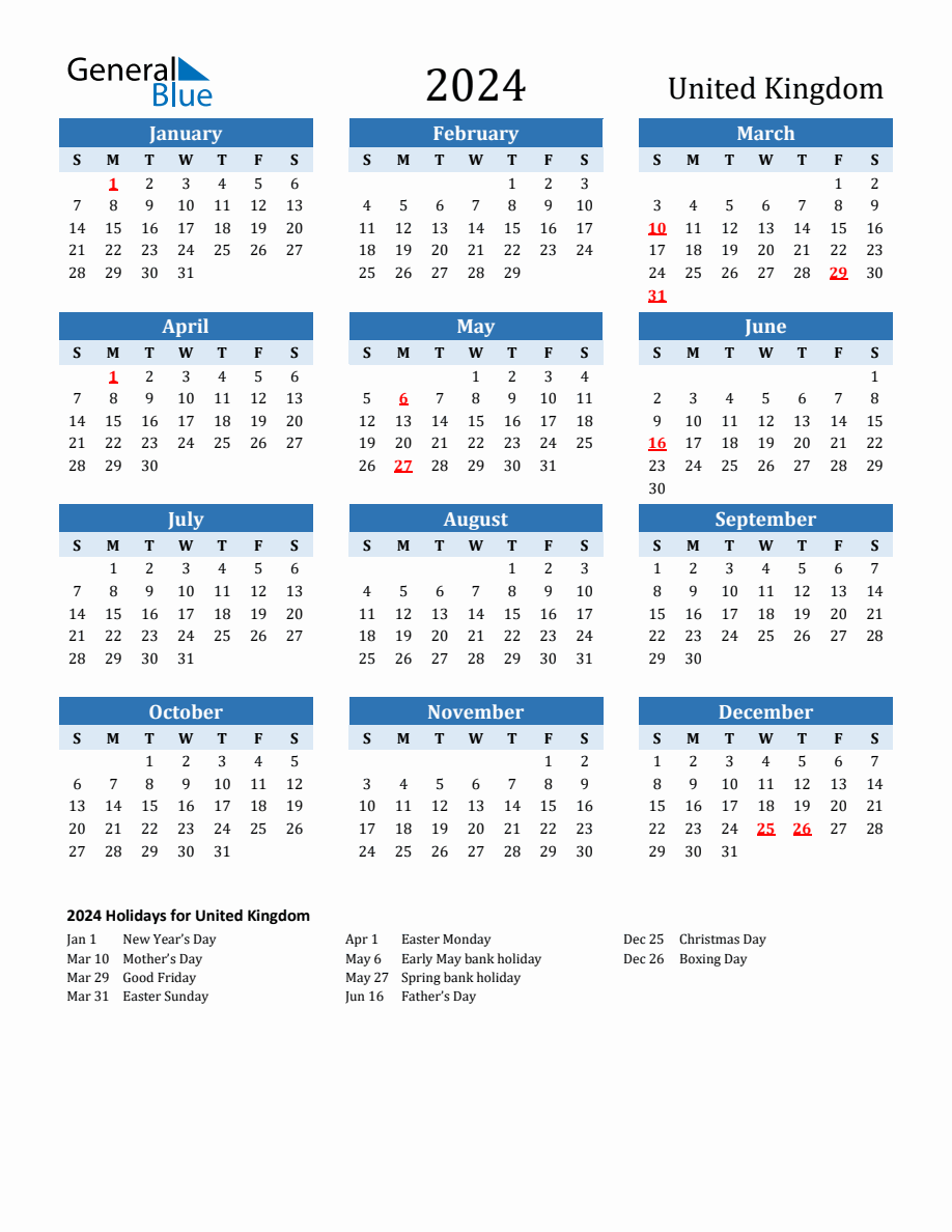 2024 Printable Calendar with United Kingdom Holidays