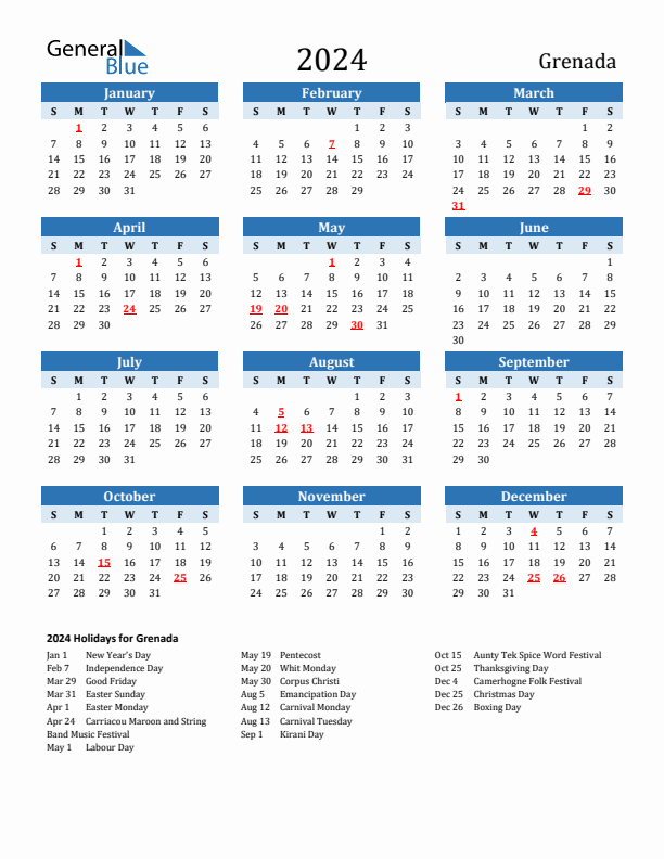 Printable Calendar 2024 with Grenada Holidays (Sunday Start)