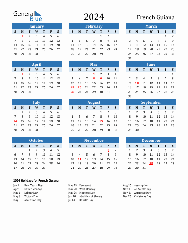 Printable Calendar 2024 with French Guiana Holidays (Sunday Start)