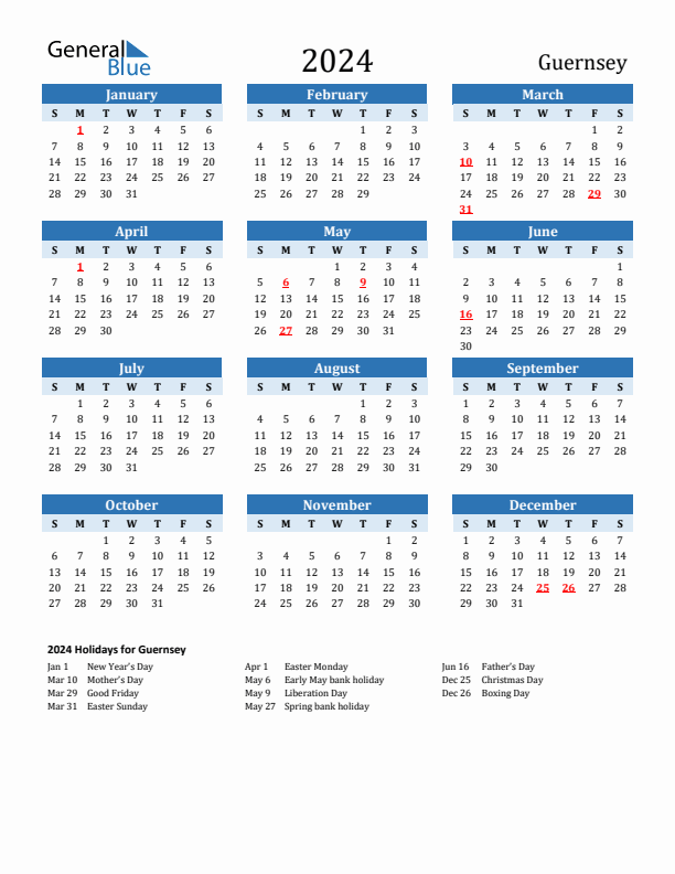 Printable Calendar 2024 with Guernsey Holidays (Sunday Start)