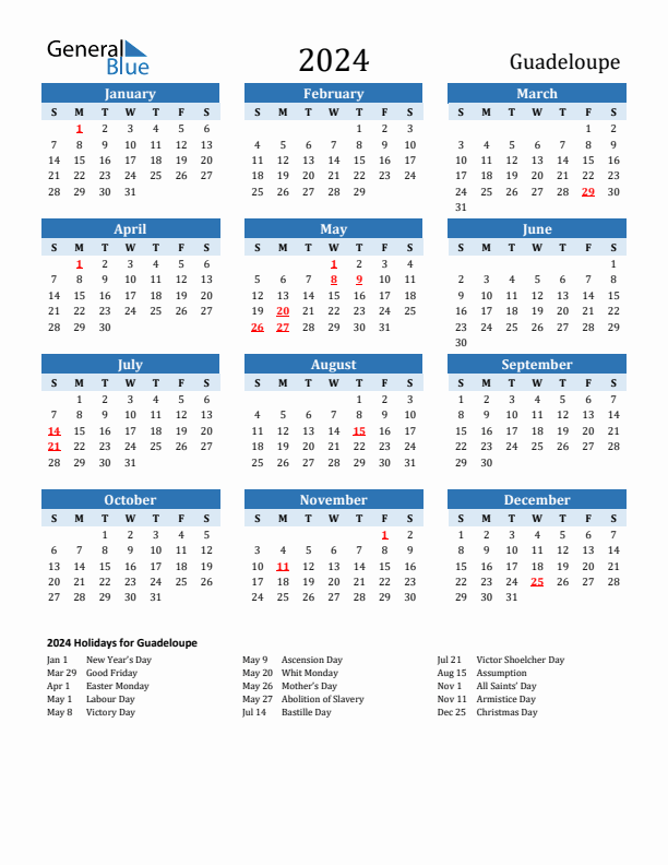 Printable Calendar 2024 with Guadeloupe Holidays (Sunday Start)