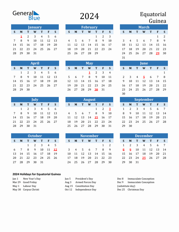 Printable Calendar 2024 with Equatorial Guinea Holidays (Sunday Start)
