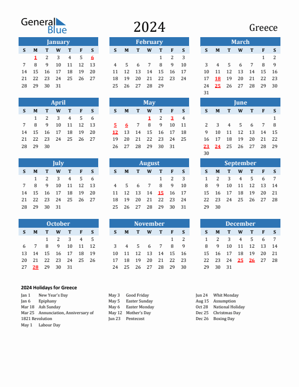 2024 Printable Calendar with Greece Holidays