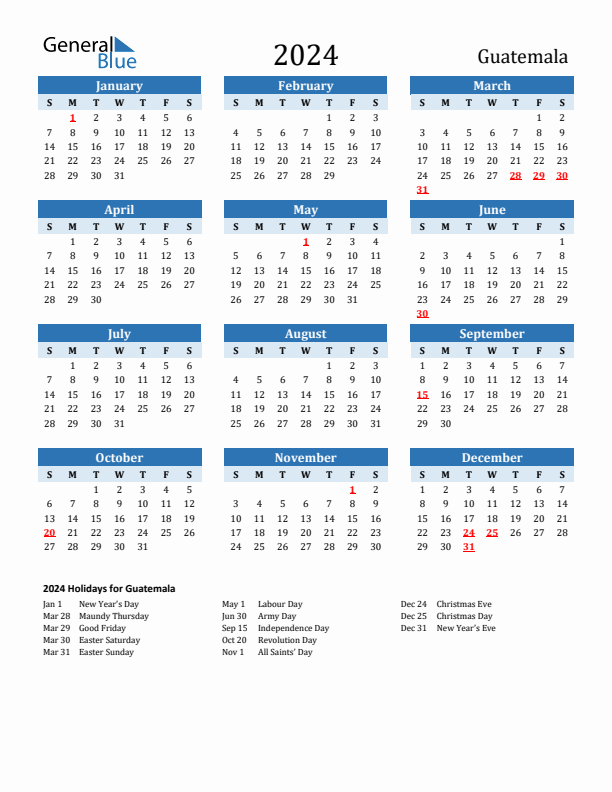 Printable Calendar 2024 with Guatemala Holidays (Sunday Start)