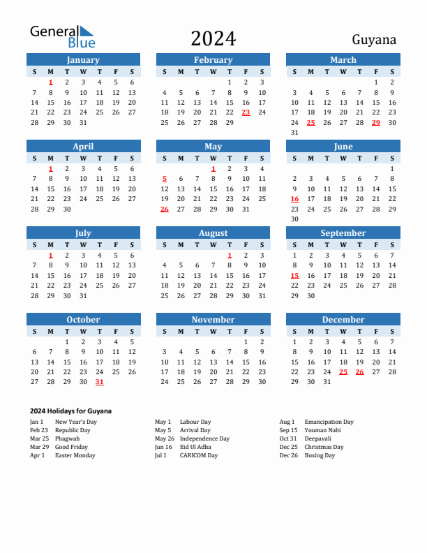 Printable Calendar 2024 with Guyana Holidays (Sunday Start)