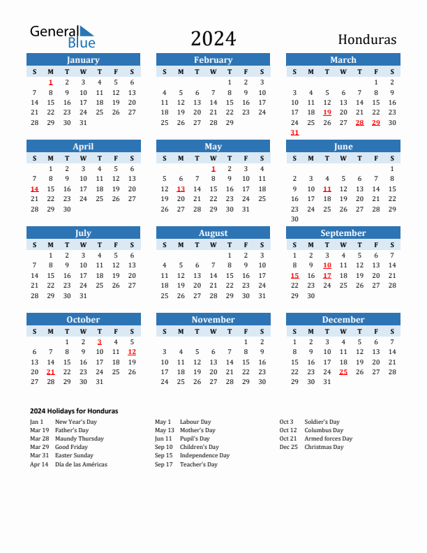 Printable Calendar 2024 with Honduras Holidays (Sunday Start)