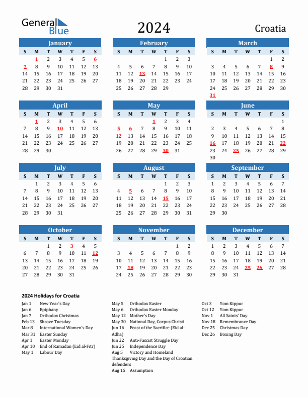 Printable Calendar 2024 with Croatia Holidays (Sunday Start)
