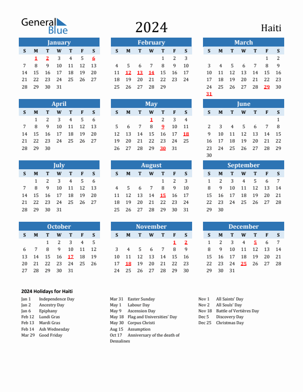 Printable Calendar 2024 with Haiti Holidays (Sunday Start)