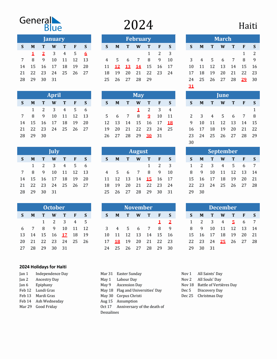 2024 Printable Calendar with Haiti Holidays