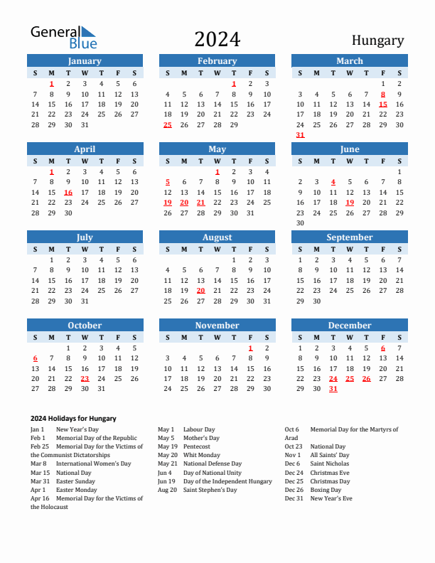 Printable Calendar 2024 with Hungary Holidays (Sunday Start)