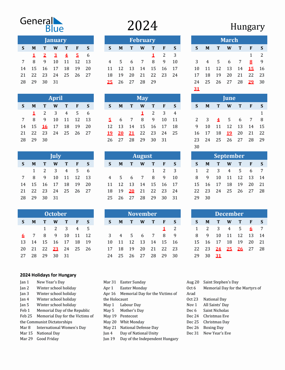 2024 Printable Calendar with Hungary Holidays