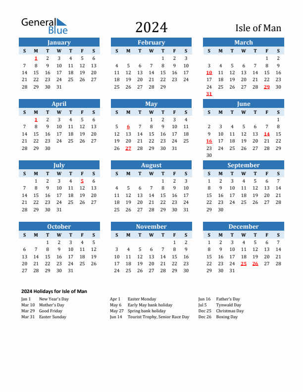 Printable Calendar 2024 with Isle of Man Holidays (Sunday Start)