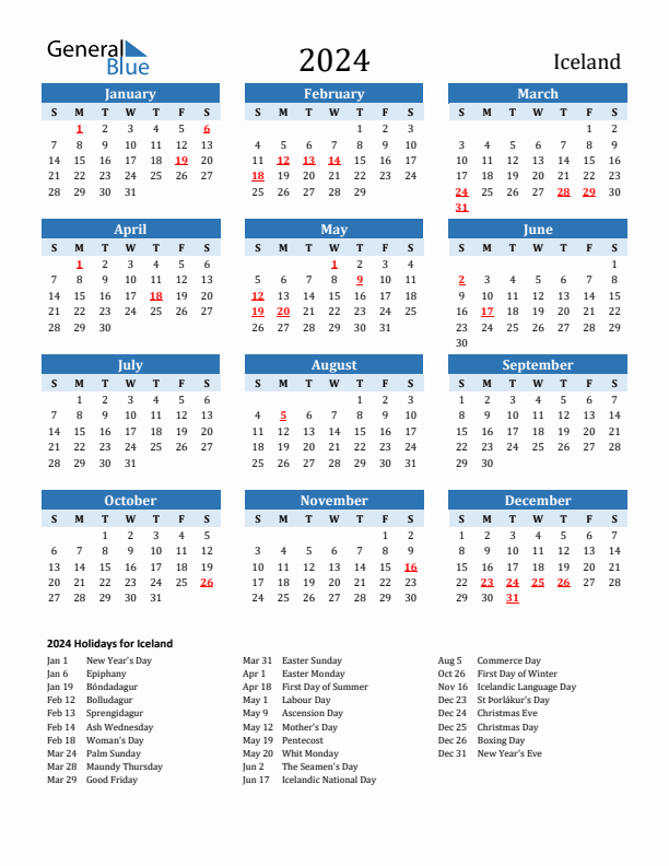 Printable Calendar 2024 with Iceland Holidays (Sunday Start)