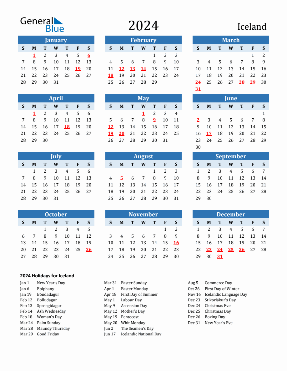 2024 Printable Calendar with Iceland Holidays