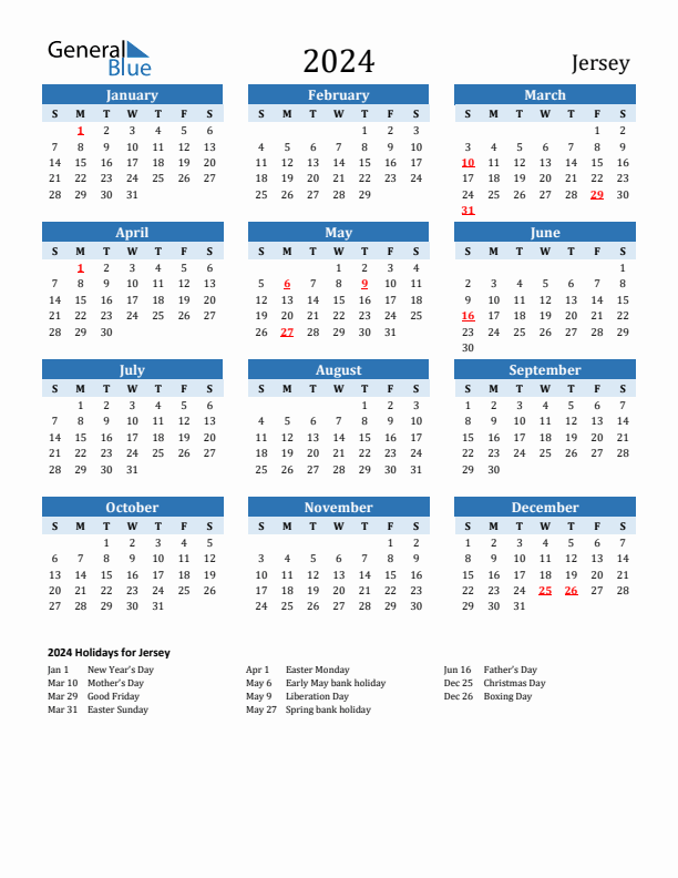 Printable Calendar 2024 with Jersey Holidays (Sunday Start)