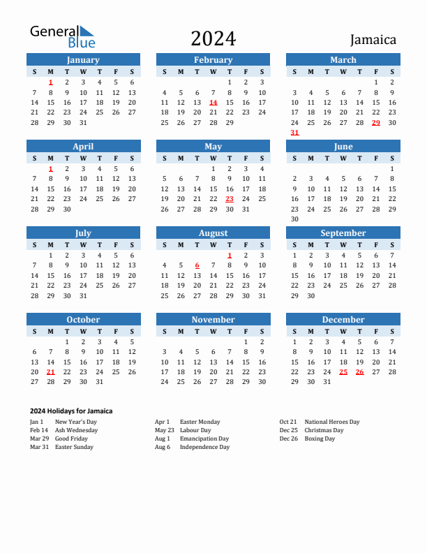 Printable Calendar 2024 with Jamaica Holidays (Sunday Start)