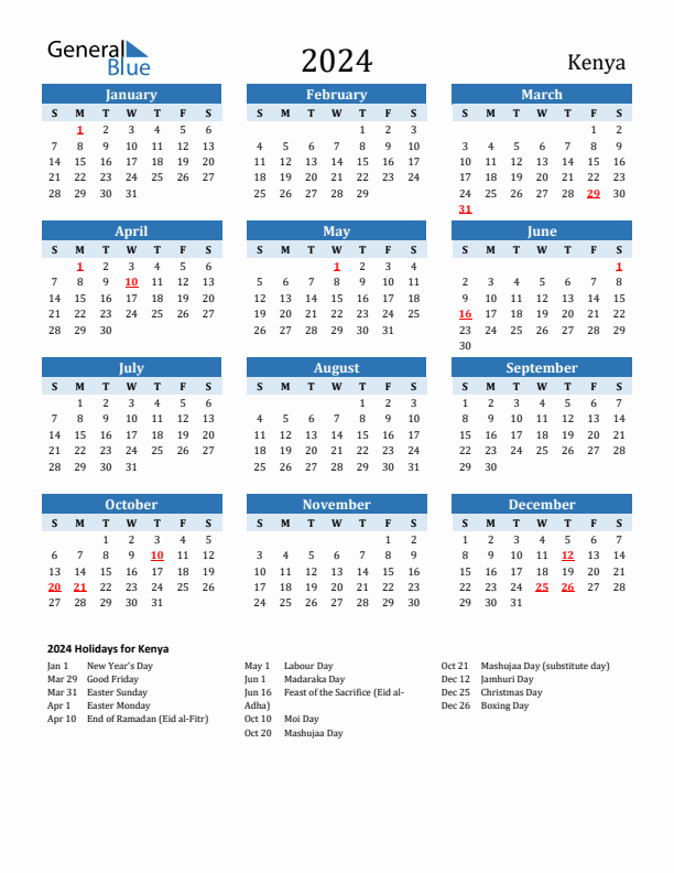 Printable Calendar 2024 with Kenya Holidays (Sunday Start)