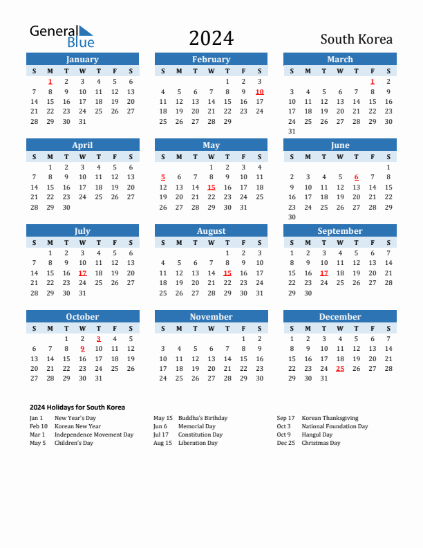 Printable Calendar 2024 with South Korea Holidays (Sunday Start)