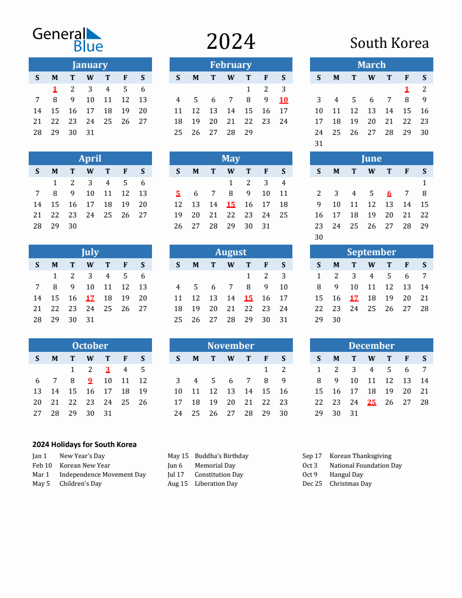 2024 Printable Calendar with South Korea Holidays