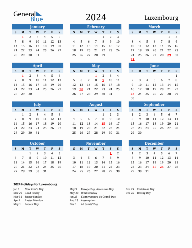 Printable Calendar 2024 with Luxembourg Holidays (Sunday Start)