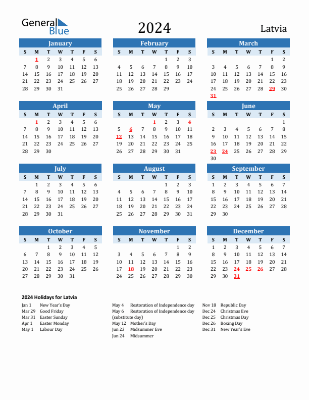 Printable Calendar 2024 with Latvia Holidays (Sunday Start)