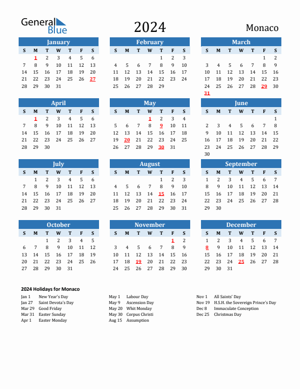 Printable Calendar 2024 with Monaco Holidays (Sunday Start)
