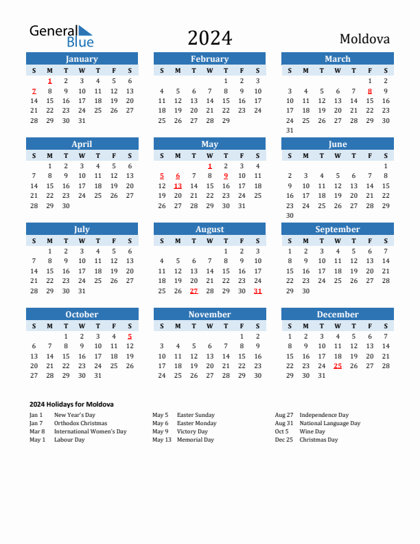 Printable Calendar 2024 with Moldova Holidays (Sunday Start)