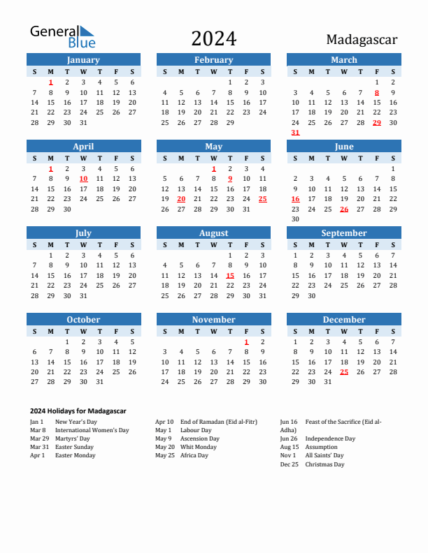 Printable Calendar 2024 with Madagascar Holidays (Sunday Start)