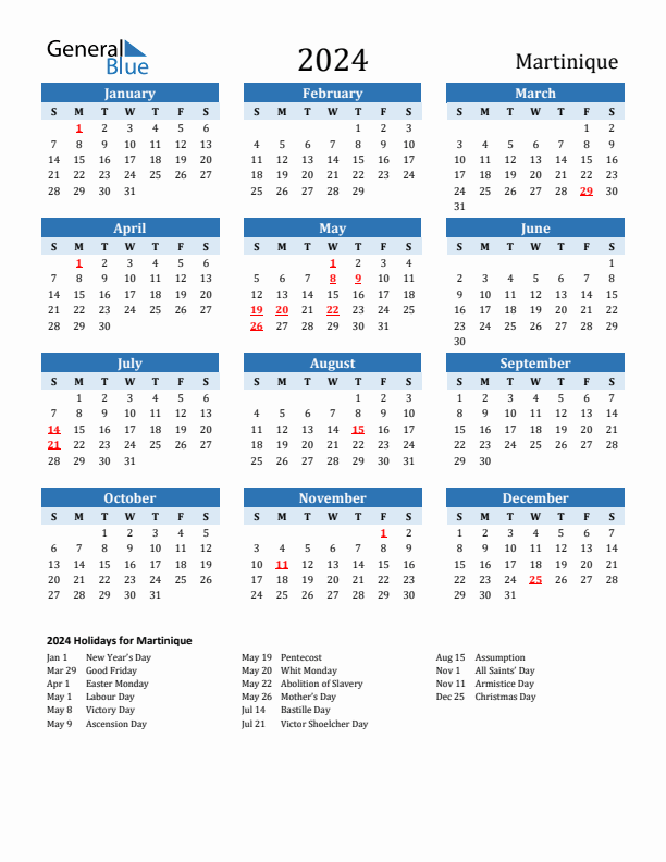 Printable Calendar 2024 with Martinique Holidays (Sunday Start)