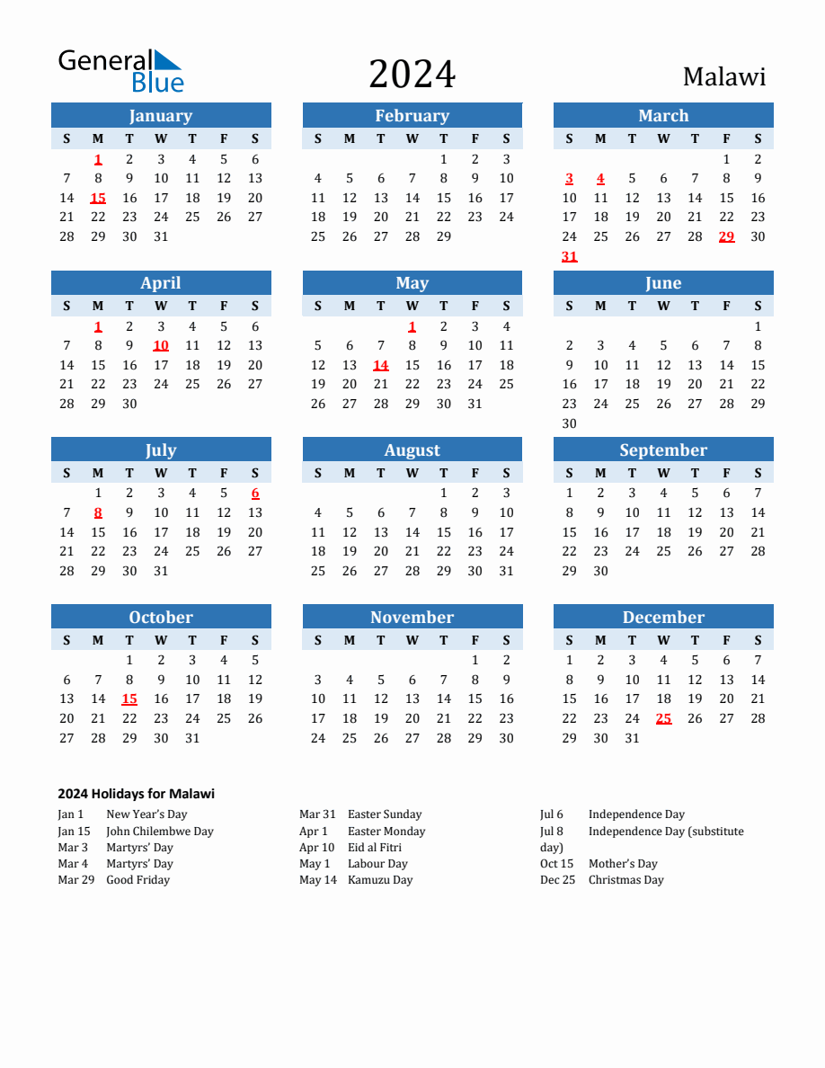 2024 Printable Calendar With Malawi Holidays   2024 Calendar Two Tone Blue With Holidays Portrait Sunday Start En Mw 918x1188 