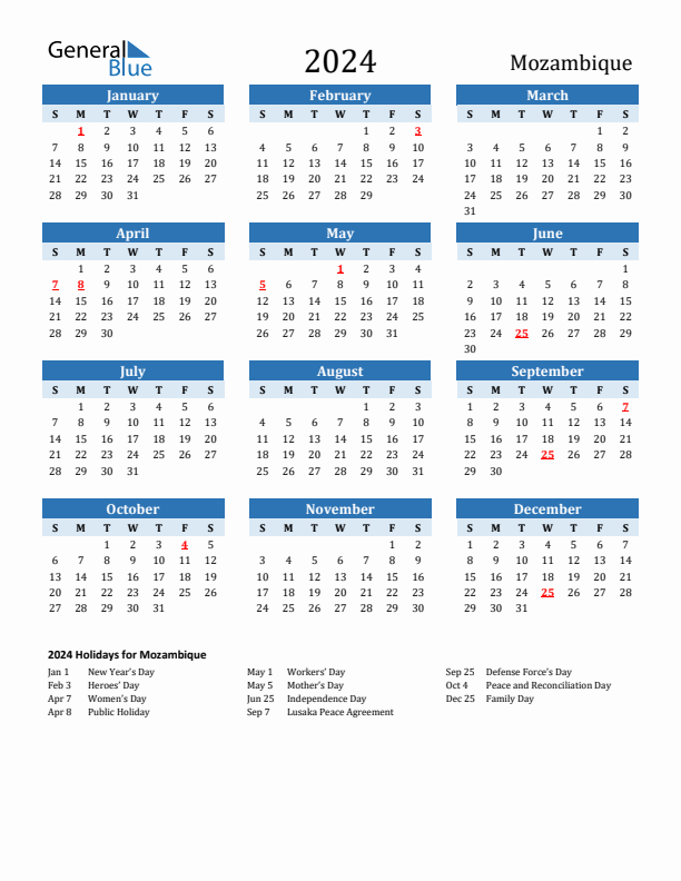 Printable Calendar 2024 with Mozambique Holidays (Sunday Start)
