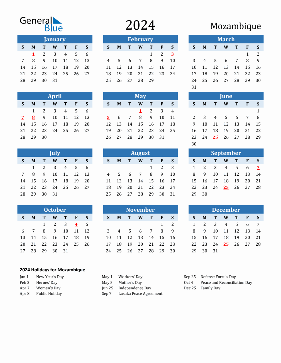 2024 Printable Calendar with Mozambique Holidays
