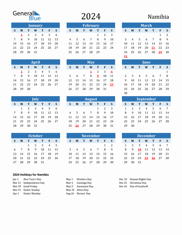 Printable Calendar 2024 with Namibia Holidays (Sunday Start)