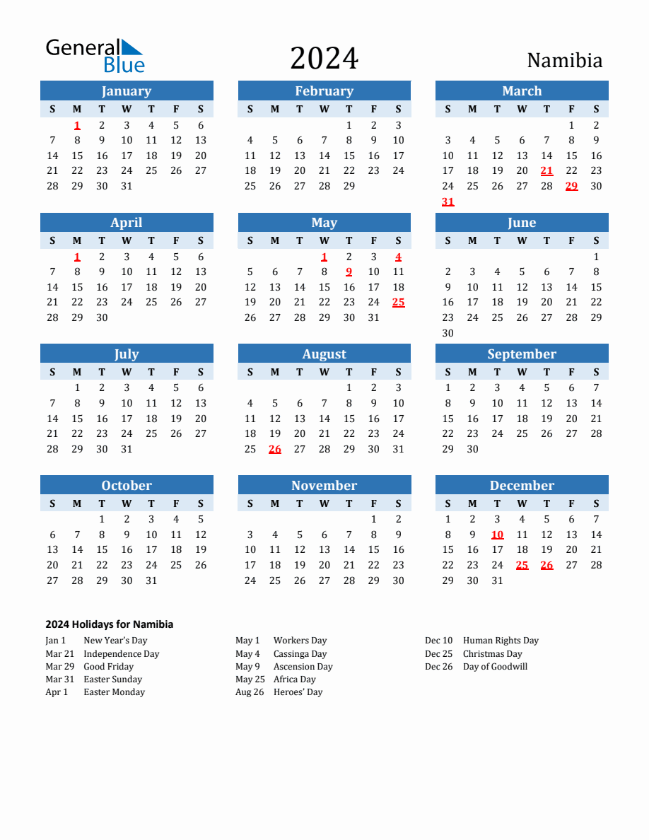 2024 Printable Calendar with Namibia Holidays