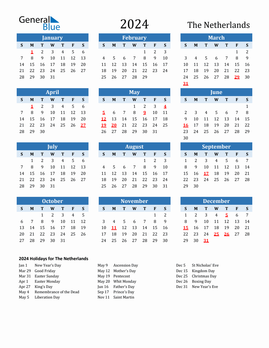 2024 Printable Calendar with The Netherlands Holidays