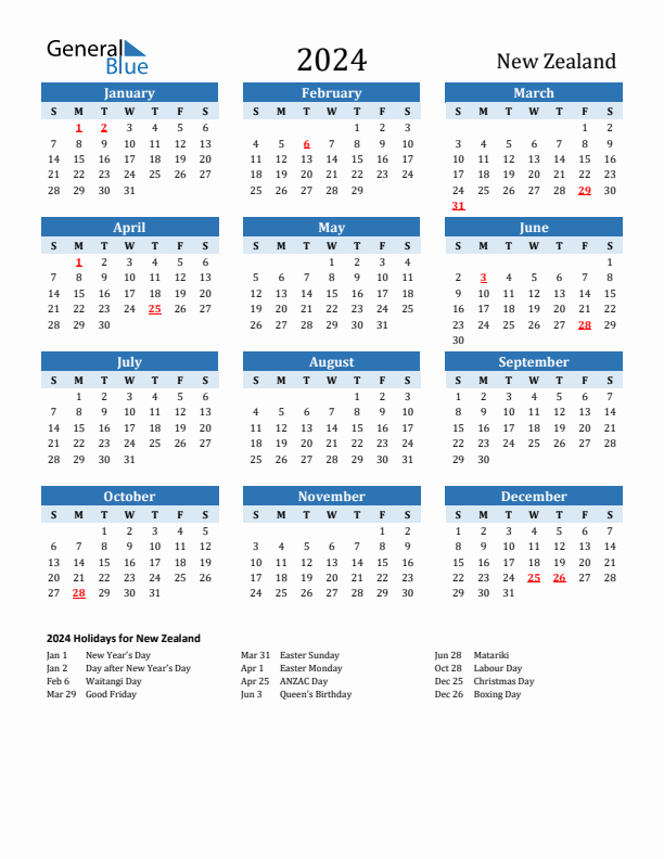 2024 Calendar Two Tone Blue With Holidays Portrait Sunday Start En Nz 612x792 